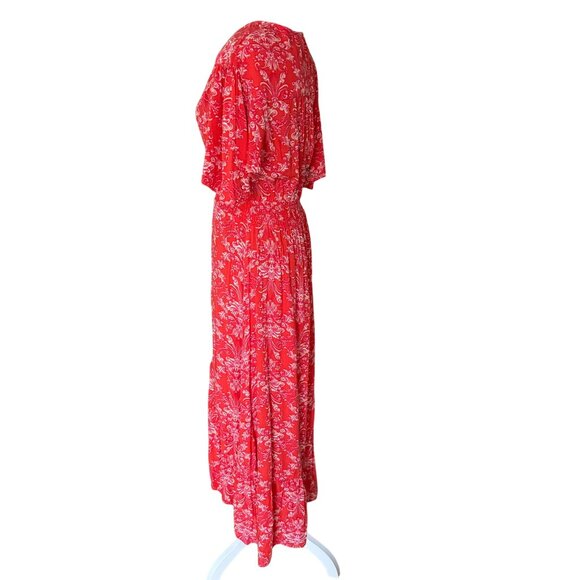 Abel the Label Red Floral Midi Dress With V-Neck Button Detail & Short Sleeves - Picture 5 of 9